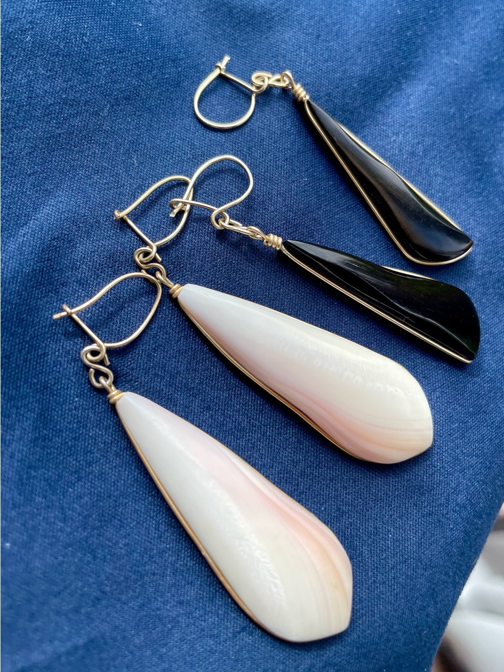 Elegant Teardrop Shell Earrings — Black and White Pair, hand made, 2 pairs only